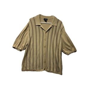 VTG Cezani Short Sleeve XL Silk Cotton Button Up Striped Sweater Y2k Mens Brown